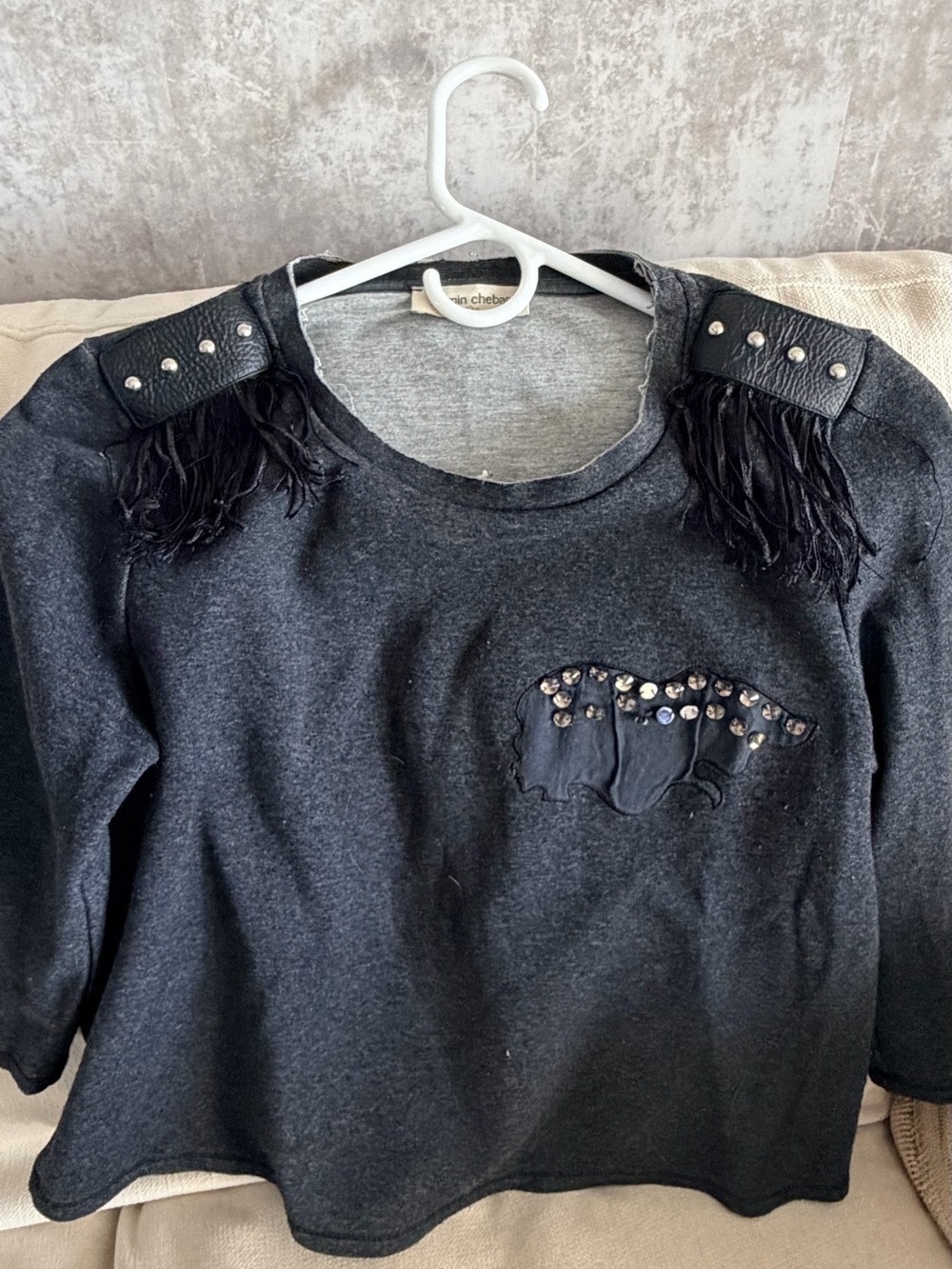 Girls Black Embellished Fringe Shoulder Long Sleeve Top - unbranded